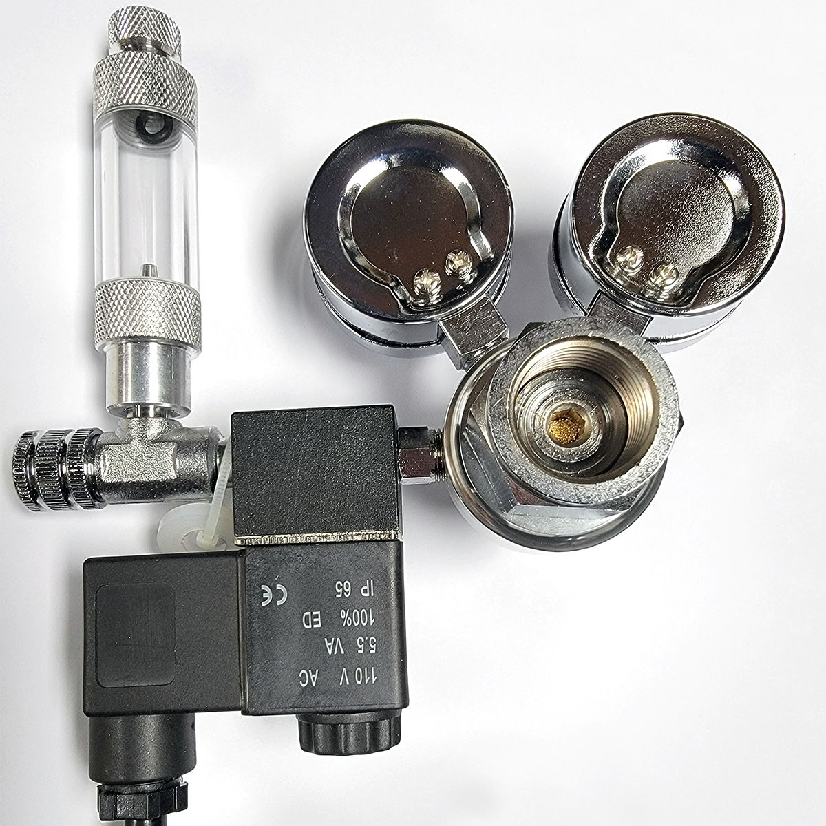 Back view of the Reef Crest CO2 Regulator with Bubble Counter, Needle Valve, and 110v Solenoid. 