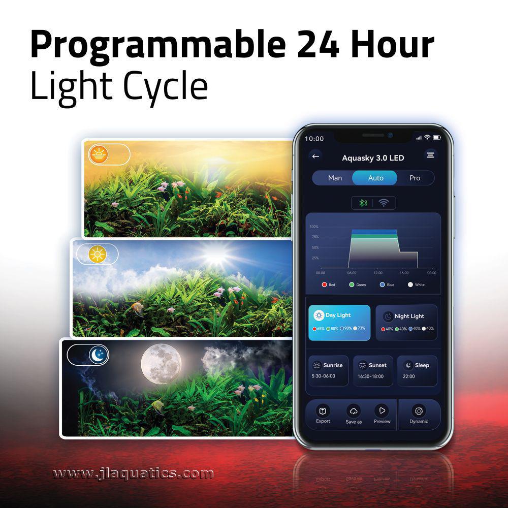 Fluval Aquasky 3.0 LED Aquarium Light has the option of a programmable 24 hour light cycle.