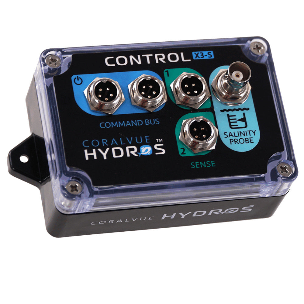 Hydros Control X3-Salinity Controller front face featuring 2 sense ports, 1 salinity port, and 2 command bus ports.
