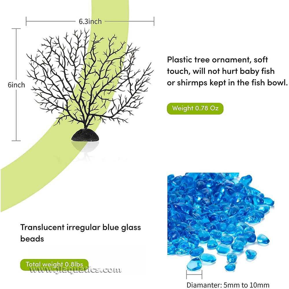 Hygger Glass Fish Bowl product image showing dimensions of the plastic tree and diameter of the glass beads included.