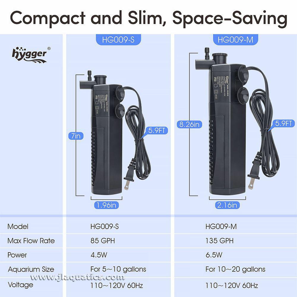 Small Hygger Internal Aquarium Filter dimensions and comparison between different models.