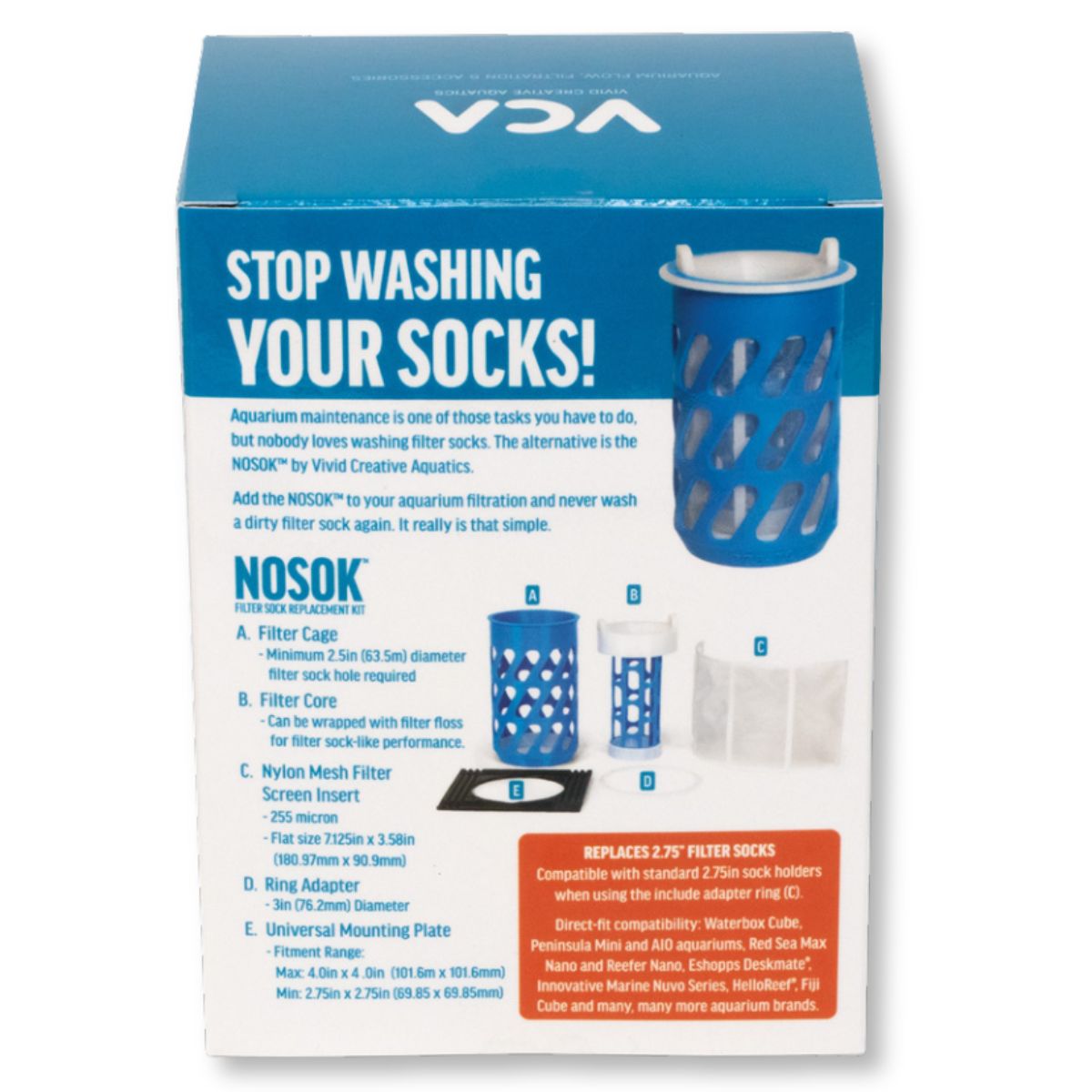 Vivid Creative NOSOK Filter Sock Replacement - 2.75 Inch features, benefits, and diagram featuring all parts included