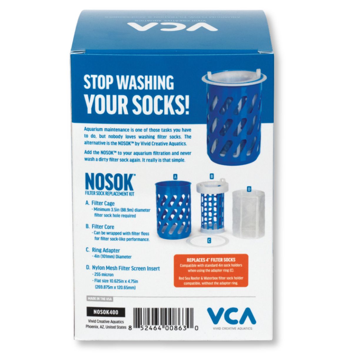 Vivid Creative NOSOK Filter Sock Replacement - 4 Inch features, benefits, and diagram featuring all parts included