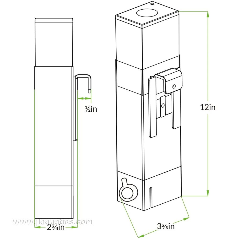 IceCap AIO-240 Protein Skimmer illustration showing dimensions of all sides of the skimmer