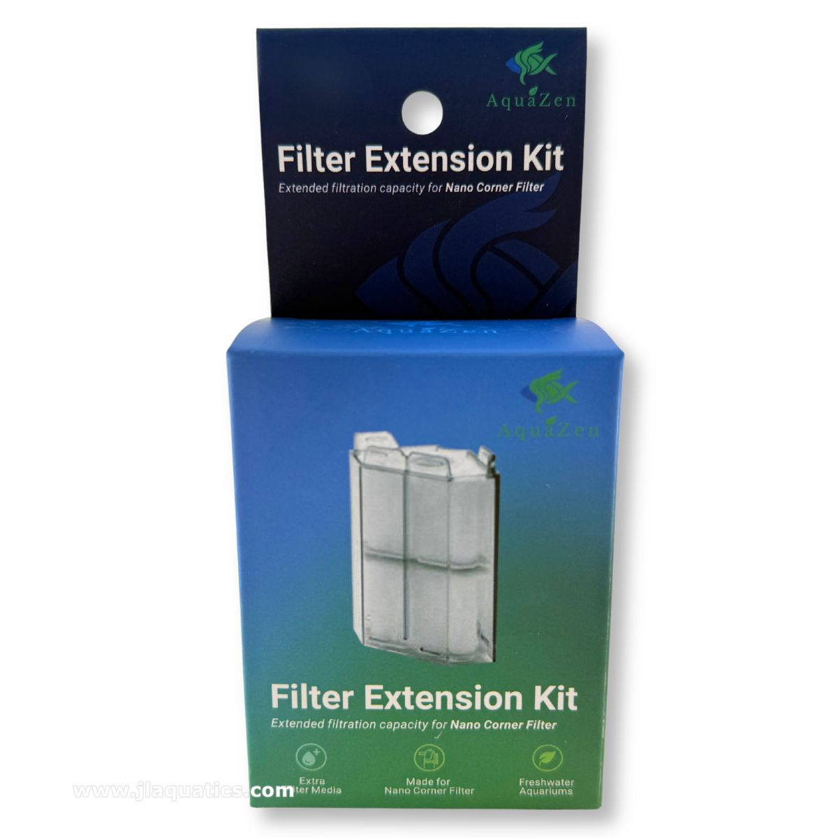 AquaZen Nano Corner Filter Extension packaging with features