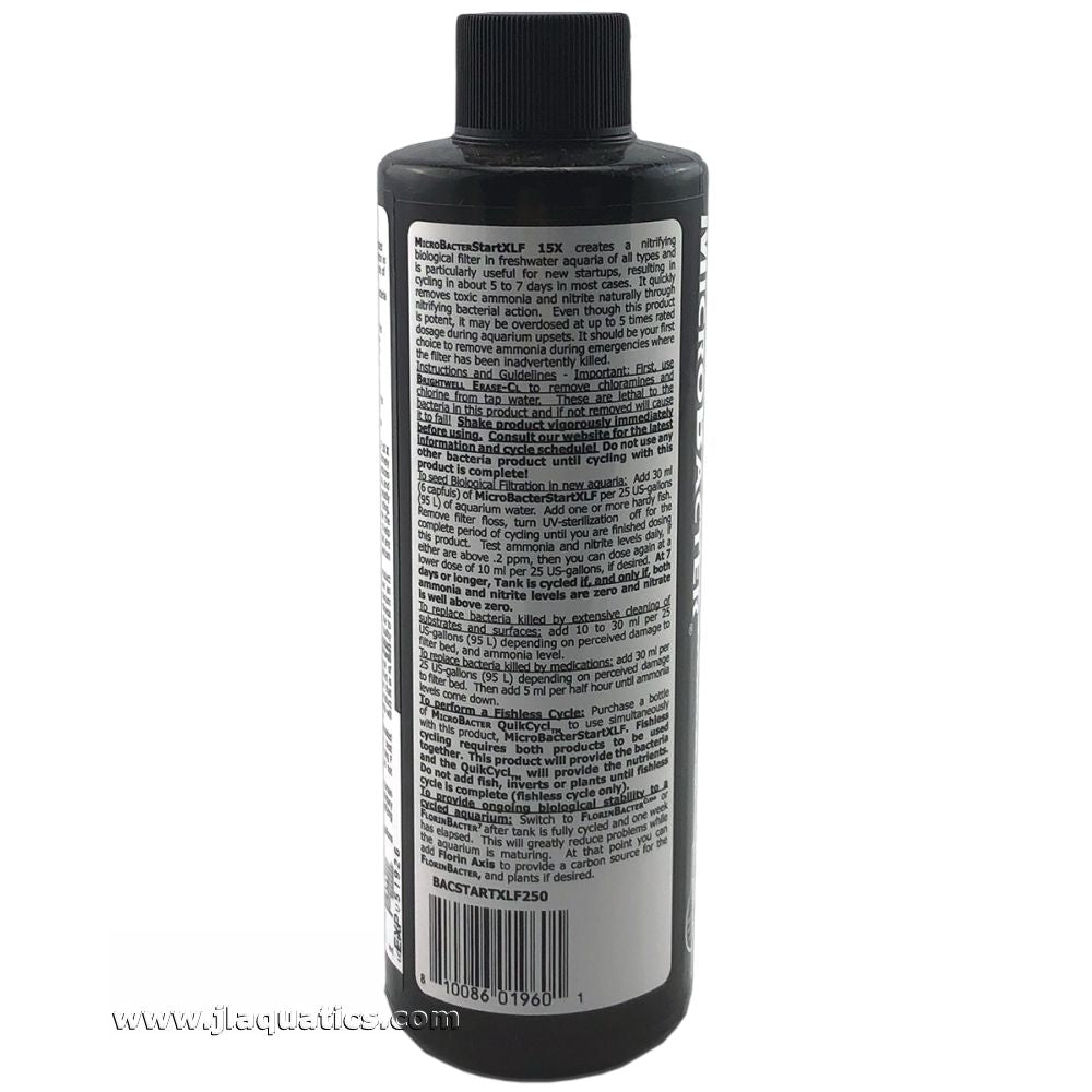Back of the bottle of Brightwell Aquatics MicroBacter Start XLF - 250ml with instructions