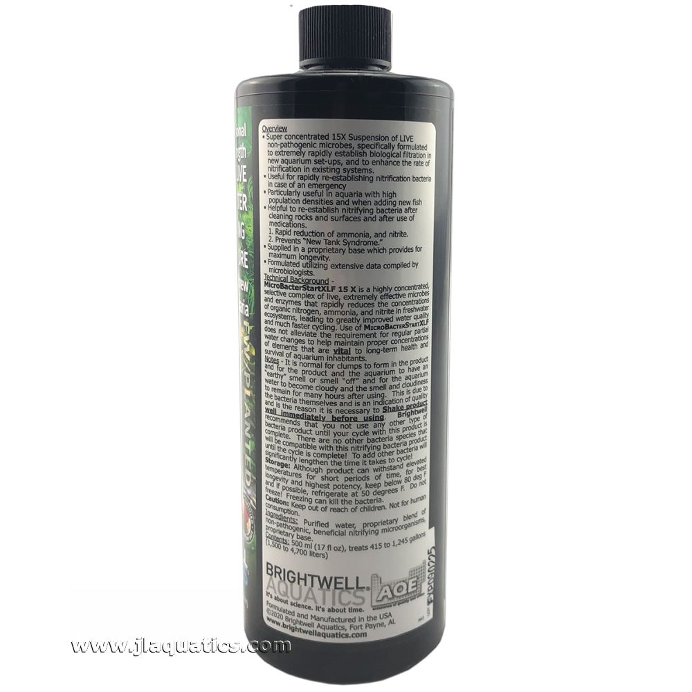 Side of the bottle of the Brightwell Aquatics MicroBacter Start XLF - 500 ml with product overview