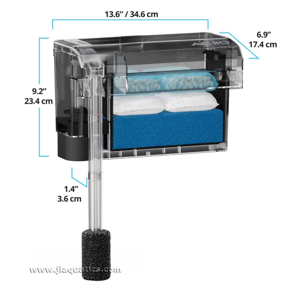 Fluval AquaClear 110 Power Filter dimensions in cm and inches.