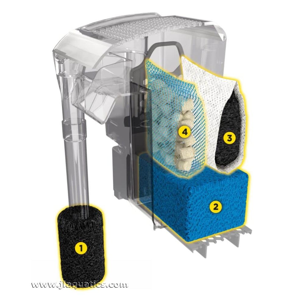 Fluval AquaClear 20 Power Filter side cut-away view showing filter media inside the aquarium filter.