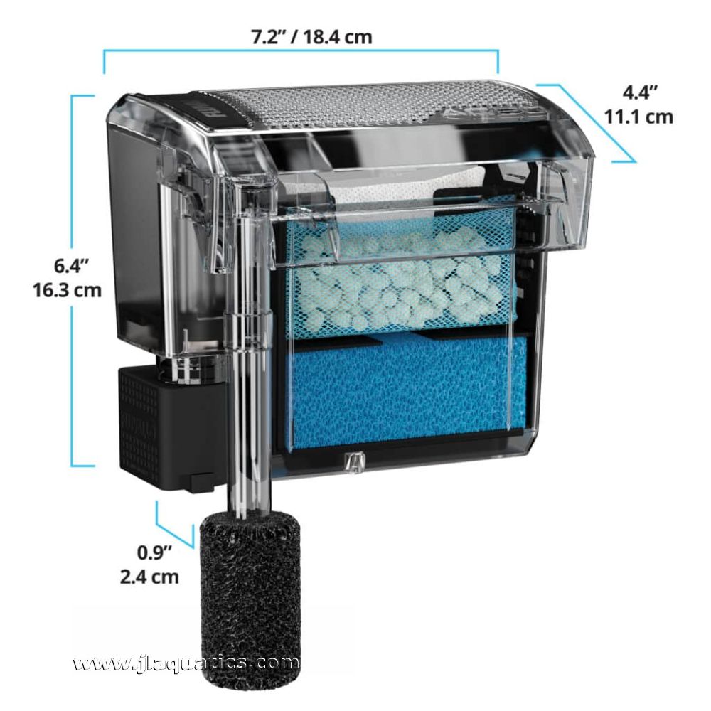 Fluval AquaClear 50 Power Filter dimensions in both inches and centimeters.