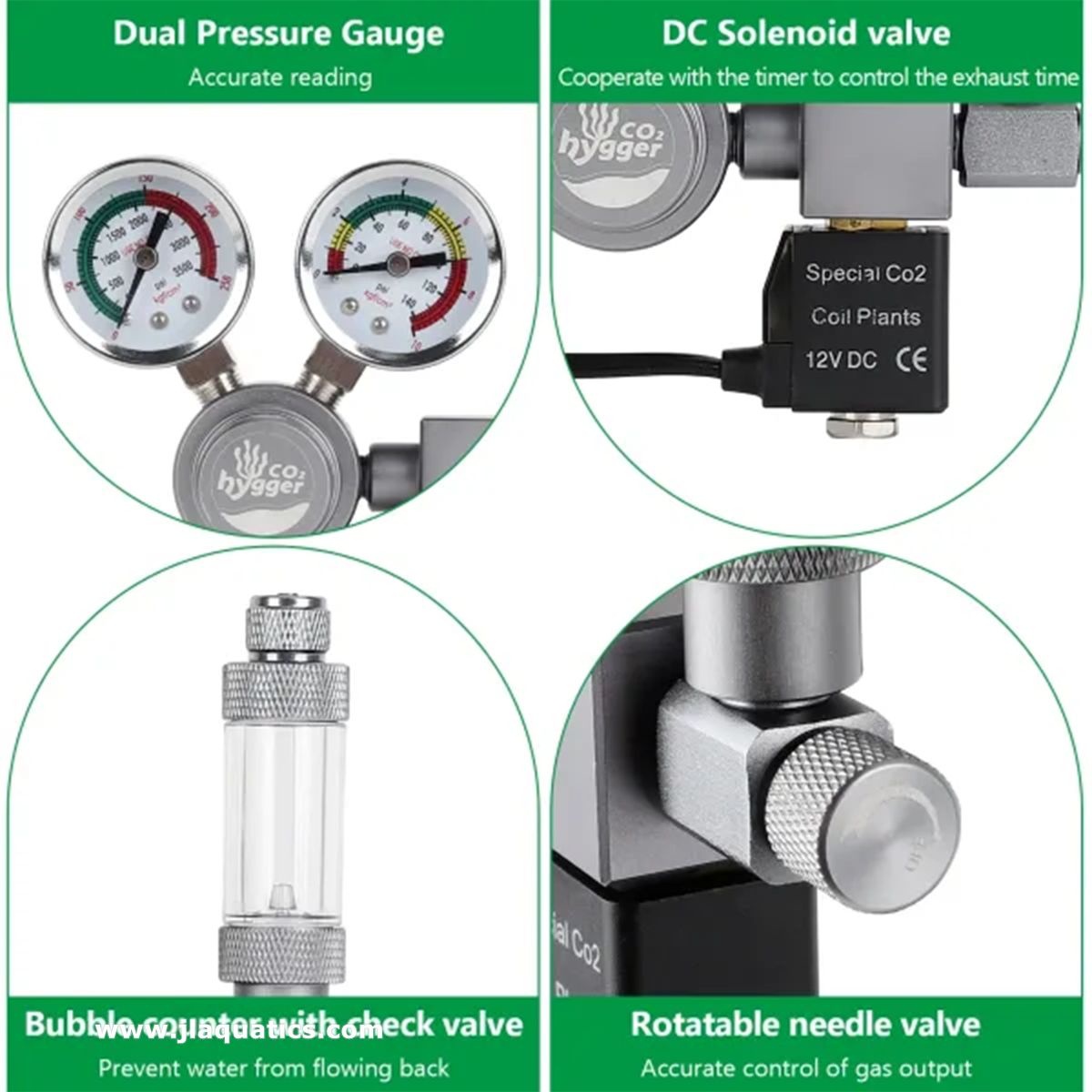Hygger CO2 Regulator pressure gauge, DC Solenoid valve, bubble counter, and rotatable needle valve close-up