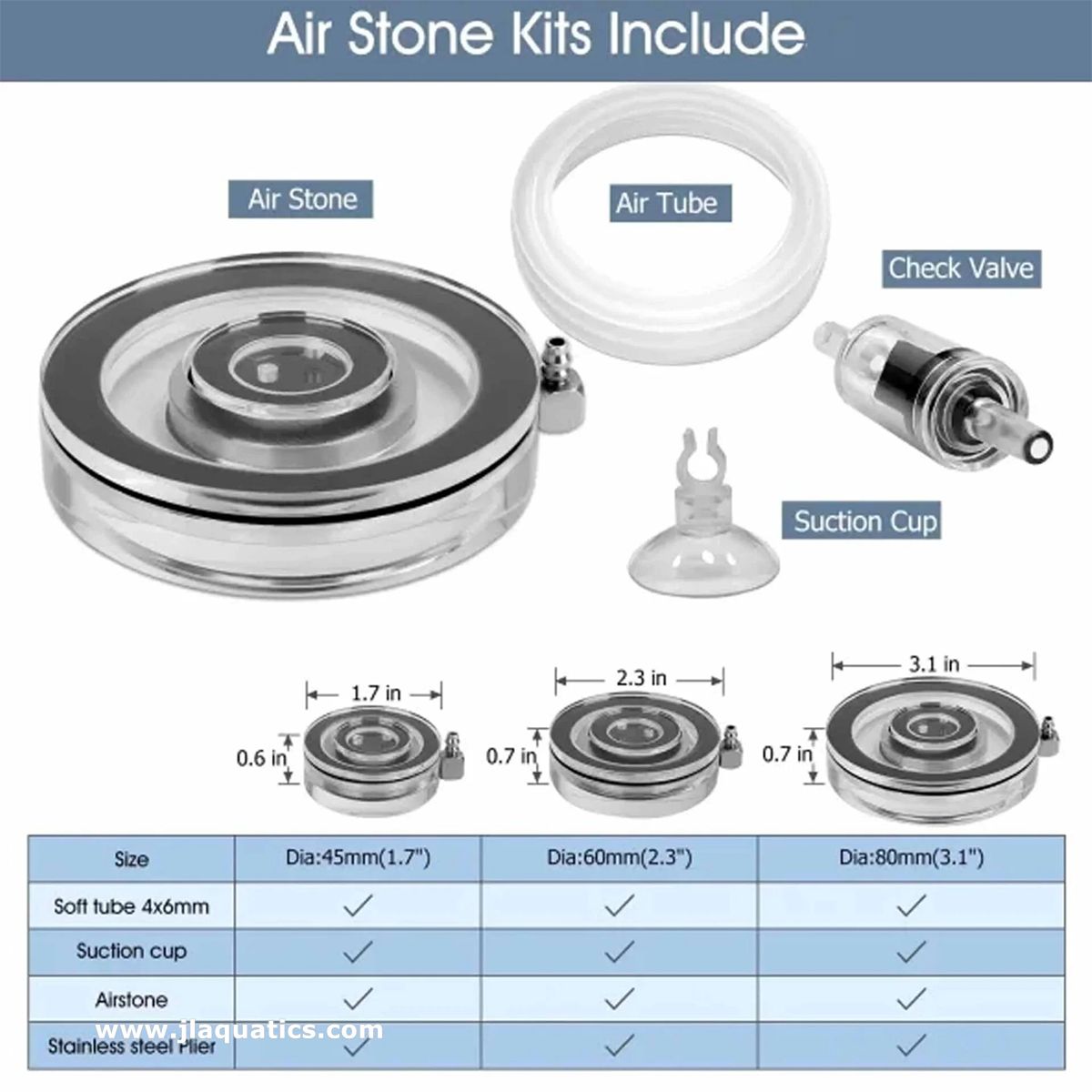 Hygger Invisible Aquarium Air Stone dimension comparison chart with features