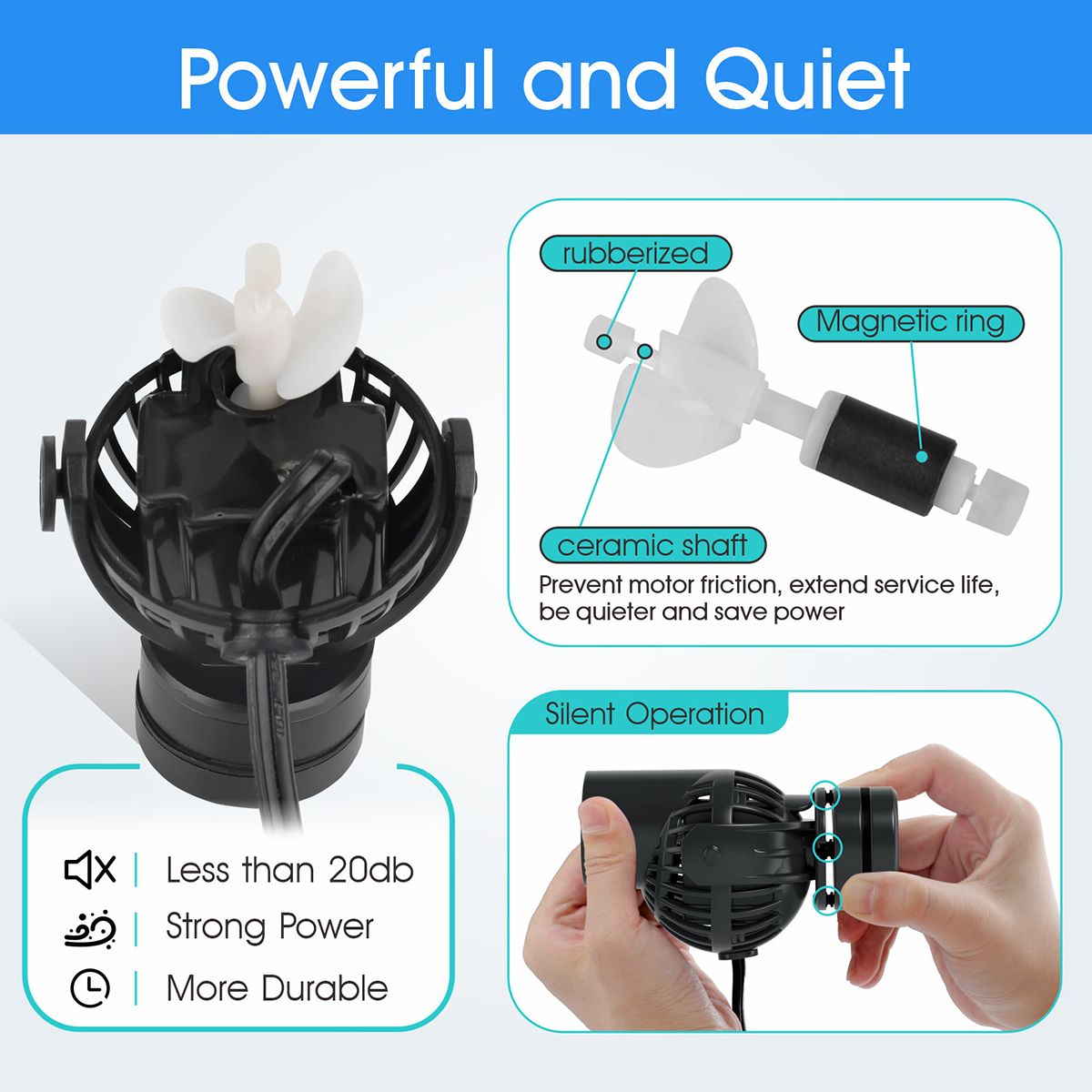 Hygger Mini Powerhead - 1320GPH is powerful and quiet, with a ceramic shaft, magnetic ring and rubberized tip for durability and silent operation.