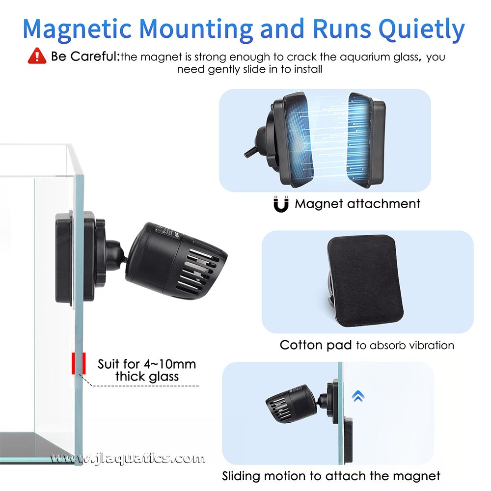The Hygger 360 Mini Aquarium Powerhead magnetic mounting is secure and the pump runs quietly.
