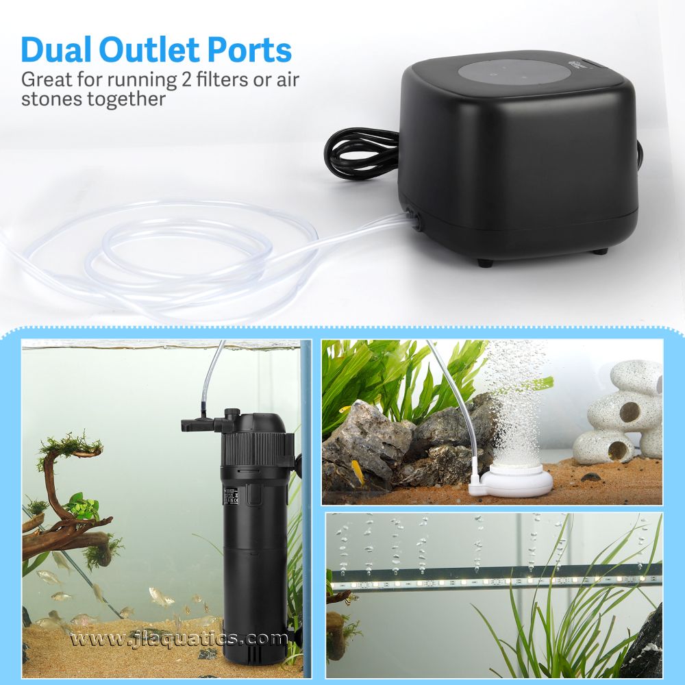 Hygger Adjustable Flow Air Pump - 5 Watt has dual outlets for multiple applications.