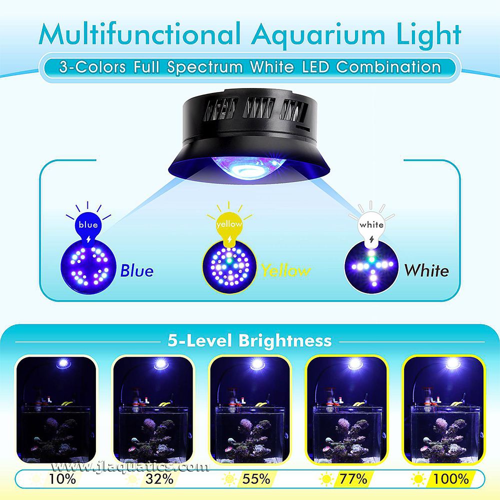 The Hygger Dimmable Marine LED Light has multiple different settings for both brightness and color.