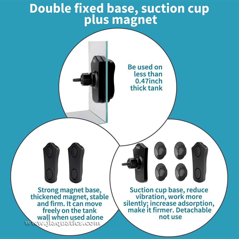The Hygger Double Aquarium Powerhead  has a double fixed base, suction cup and magnet.