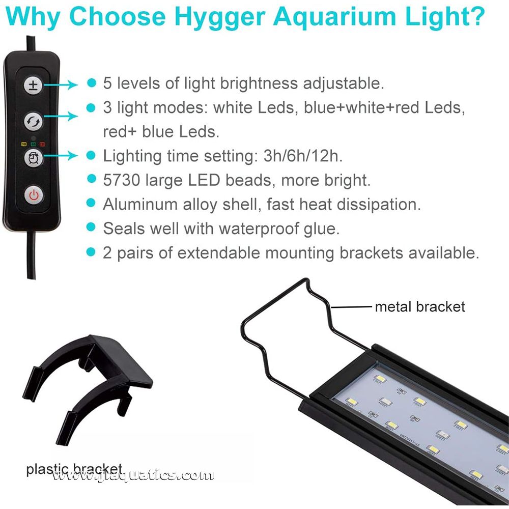 The Hygger Full Spectrum LED Aquarium Light offers a controller with several different options for handling brightness, color, and length of operation.
