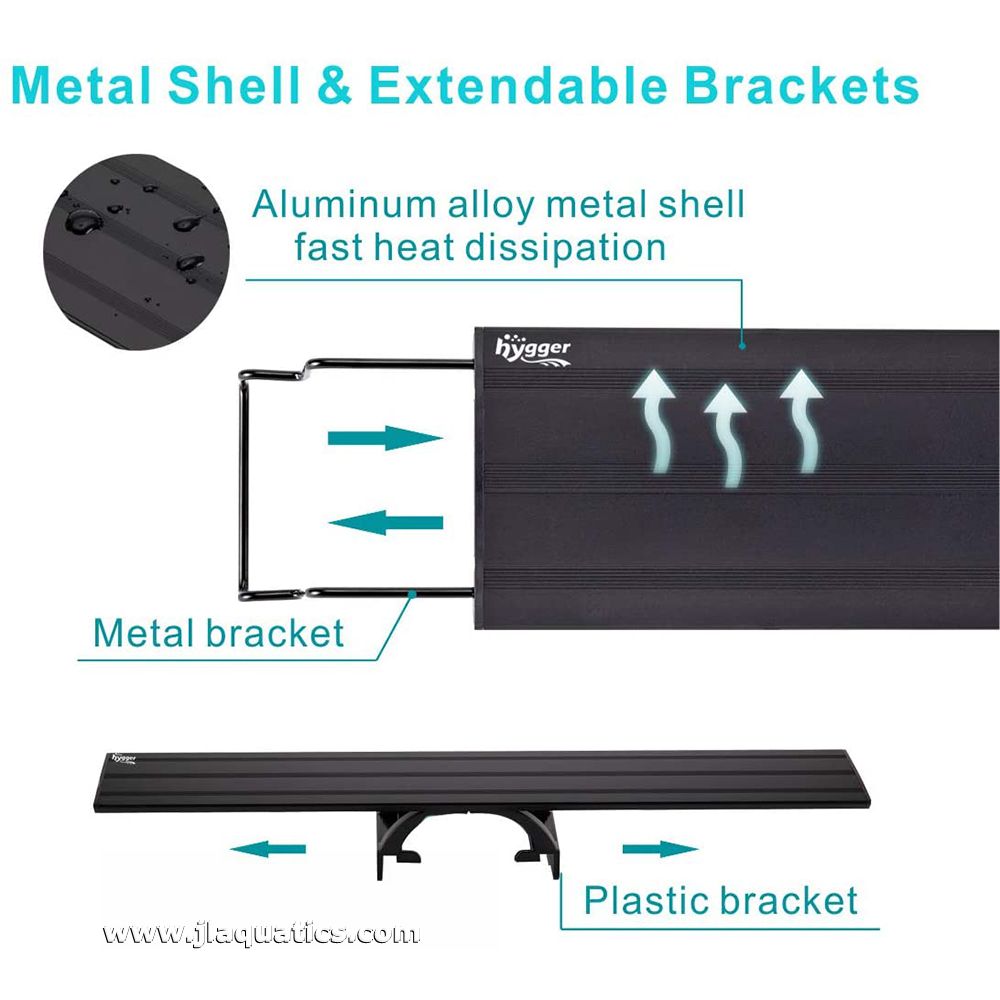 The Hygger Full Spectrum LED Aquarium Light has extendable brackets and a metal shell.
