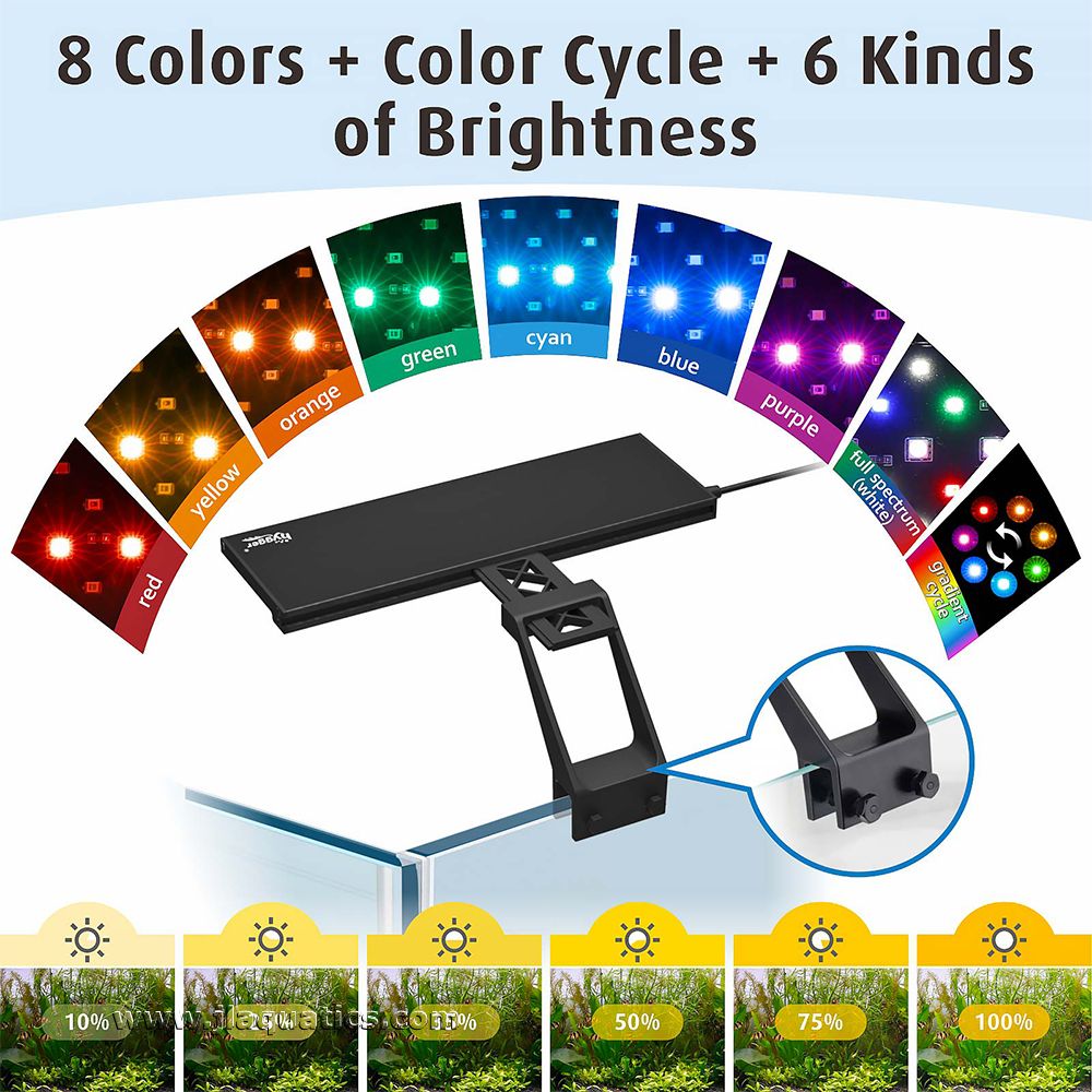 The Hygger Full Spectrum Clip-On LED Aquarium Light offers several different shades of color to suit your own aquarium.
