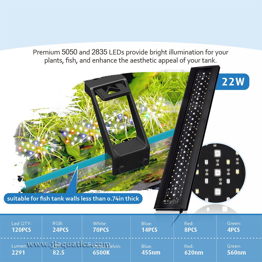 The Hygger Full Spectrum Clip-On LED Aquarium Light contains premium 5050 and 2835 LED lights to make your aquarium "pop"!
