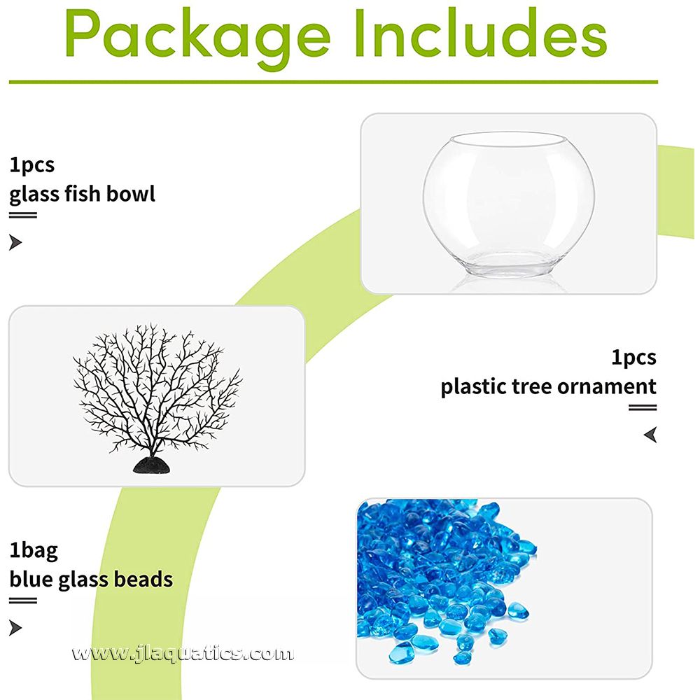 Hygger Glass Fish Bowl packaging including 1 plastic tree and 1 bag of blue glass beads