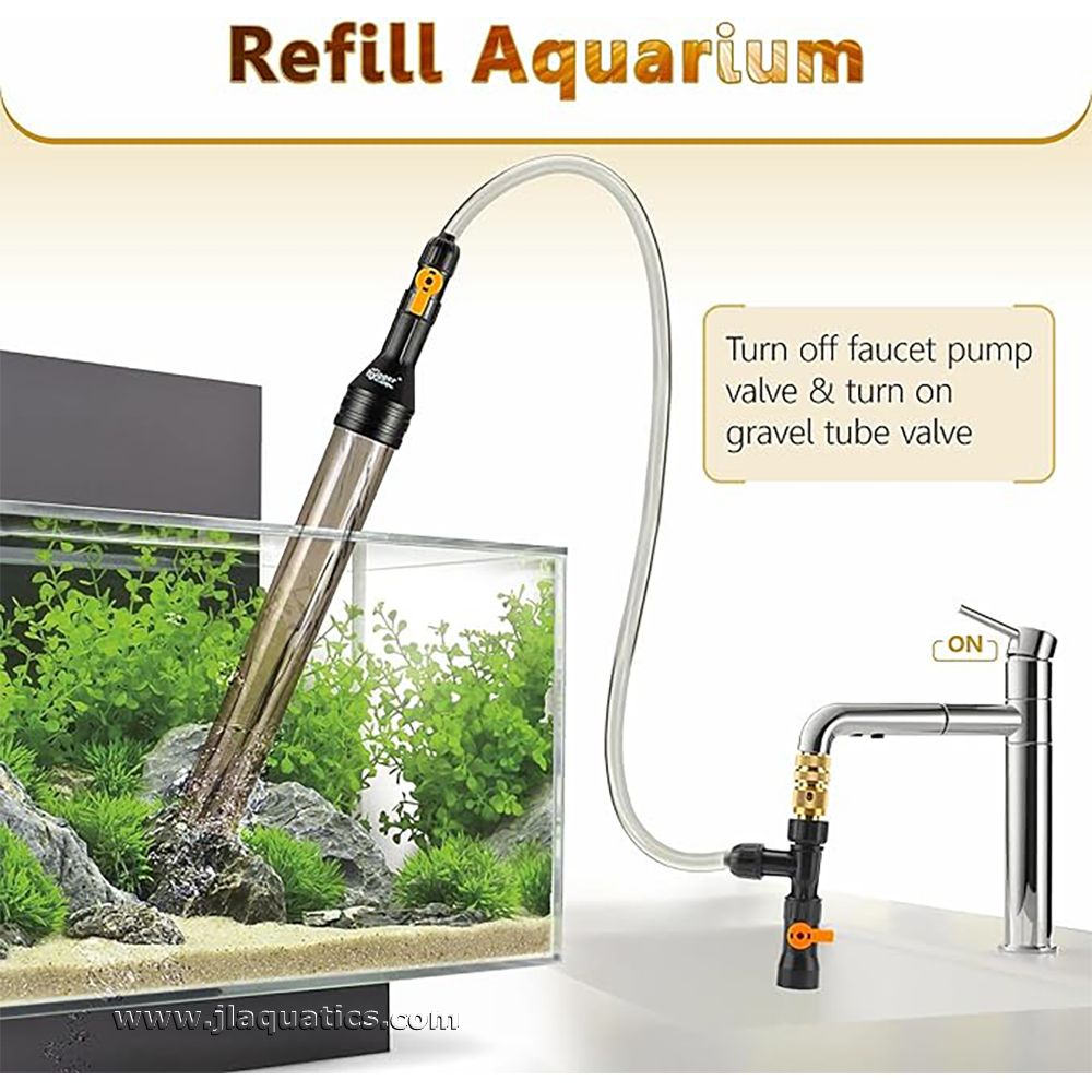 The Hygger No Spill Gravel Vacuum can refill your freshwater aquarium when doing a water change right from the tap!
