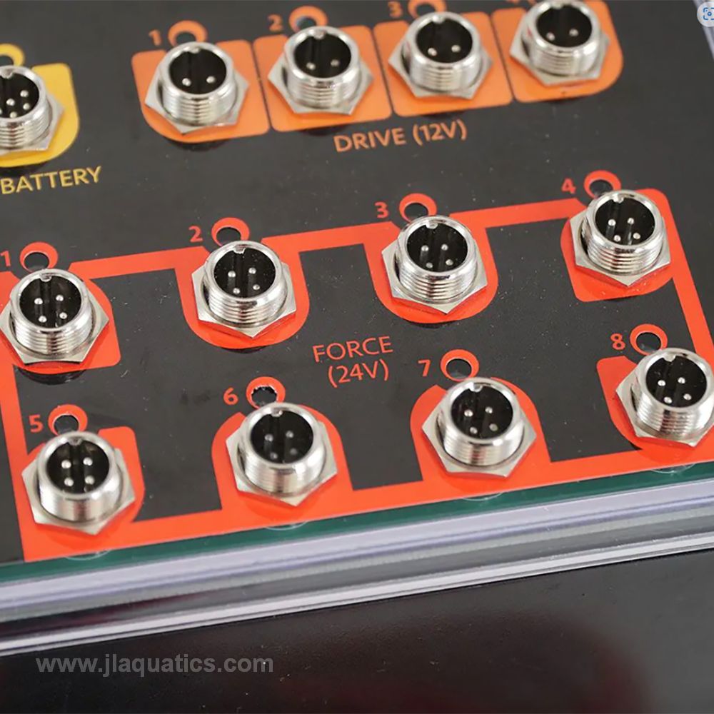 Hydros Kraken Power Center close-up of force port and battery back-up inputs for aquarium power control