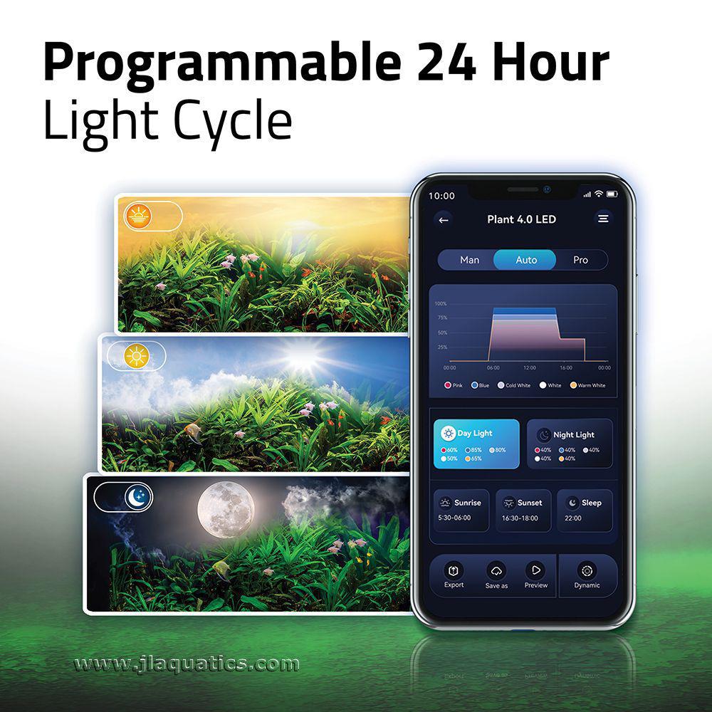 Fluval Plant 4.0 LED Aquarium Light has the option of a programmable 24 hour light cycle