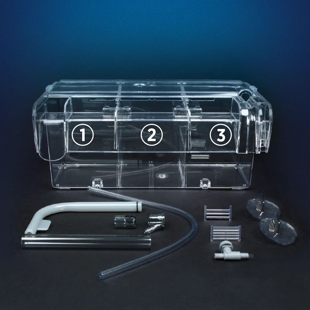 Image showing the different compartments and components of the Fluval Multi-Chamber Holding & Breeding Box