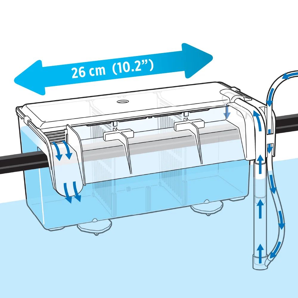 Fluval Multi-Chamber Holding & Breeding Box dimensions and water flow diagram