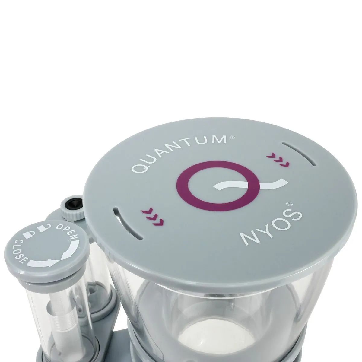 Close-up of the skimmer cup and water level control of the Nyos Quantum 160 EQ Protein Skimmer