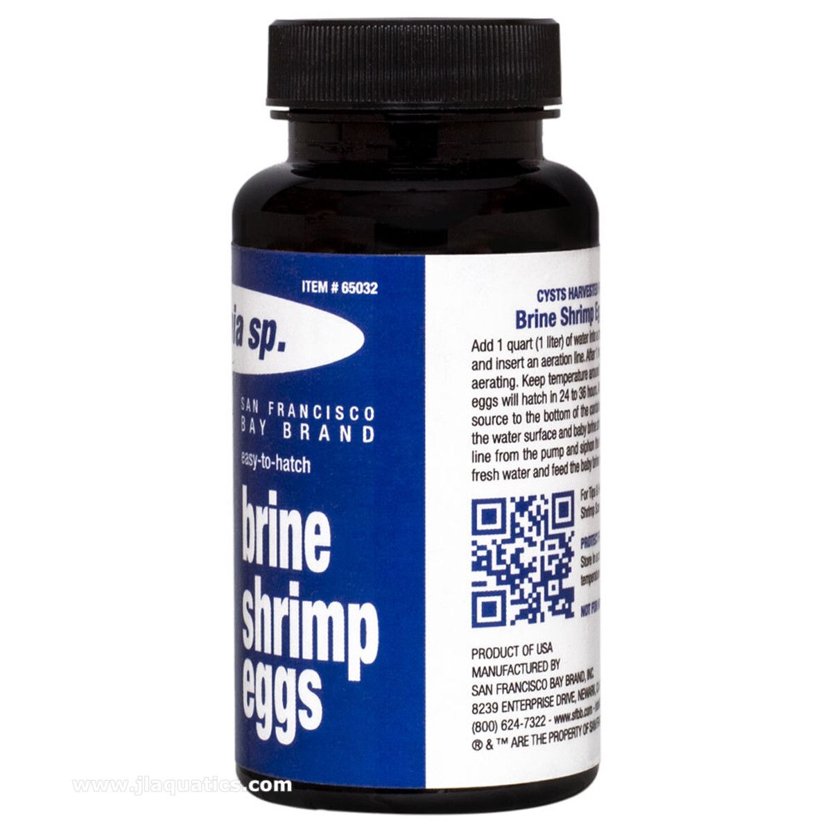 San Francisco Bay Brand Brine Shrimp Eggs - 2.75oz side bottle view with manufacturer information 