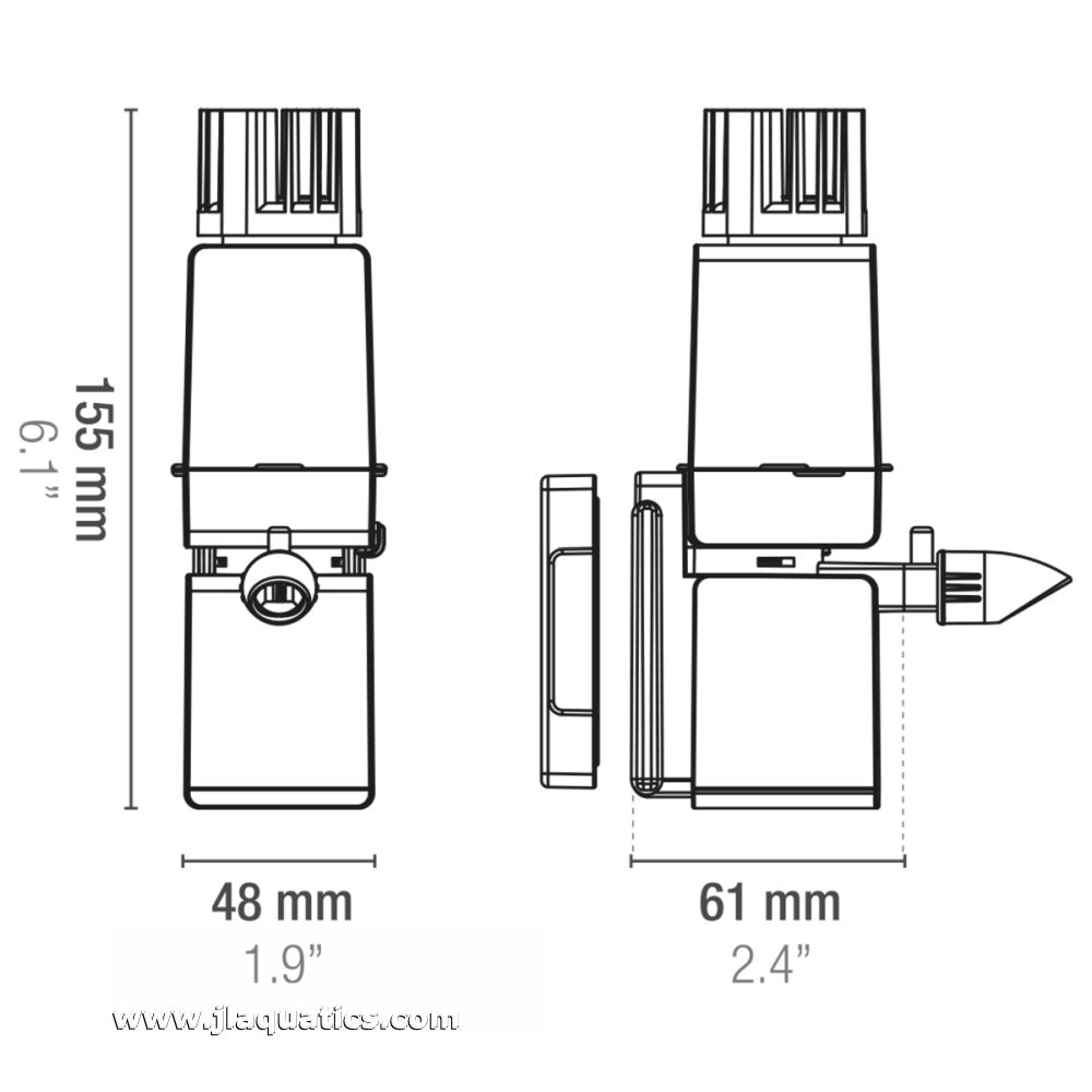 Diagram of the Sicce Shark Mini Skim 350 Plus Surface Skimmer including product dimensions