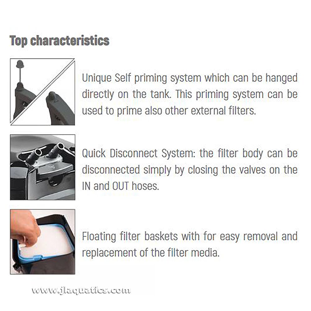 Features of the Sicce Whale 350 Canister Filter include a self priming system, quick disconnect system, and floating filter baskets.
